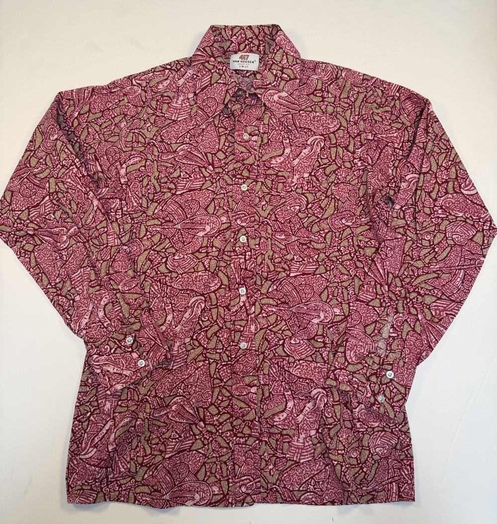Mens Vintage Medium 70s Disco Era Pink Floral Van Huesen 417 Hippie Style Shirt